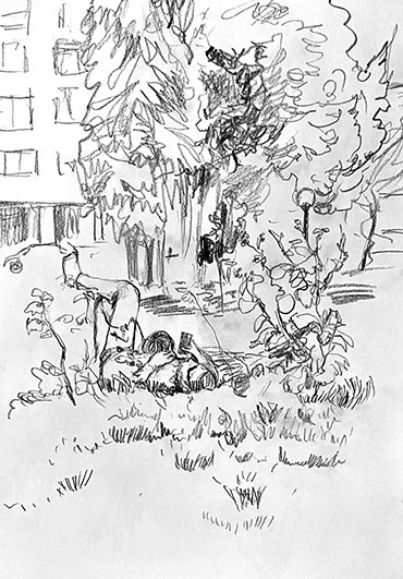A couple lying on the grass at Cal Anderson Park in Seattle. Pencil on paper.