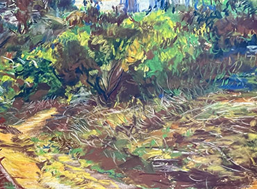 Pastel drawing of a trail leading into bush and brush.