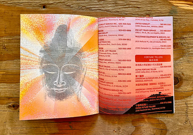 A two-page spread from the zine showing a buddha symbol on the left and an excerpt from a paper phonebook of the San Gabriel Valley.