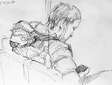 Pencil sketch of transit rider, sitting and reading his phone.